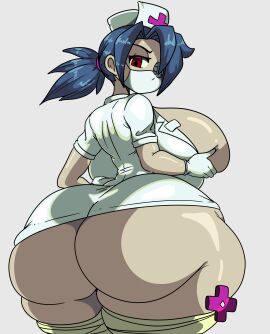 1girls ass ass_focus back_view bandage bangs big_ass big_breasts breasts bubble_ass bubble_butt bursting_breasts clothed cross curvaceous curvy curvy_figure eyelashes eyepatch female female_only gloves hand_on_breast holding_breast huge_ass huge_breasts inakotho large_ass large_breasts looking_at_viewer looking_back mask masked narrowed_eyes no_panties nurse nurse_cap nurse_uniform open_clothes rear_view red_eyes rubber_gloves shiny_skin short_sleeves sideboob skullgirls solo surgical_mask thick_ass thick_thighs thighs tied_hair valentine_(skullgirls) voluptuous white_background wraps