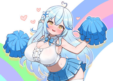 :d adapted_costume ahoge blue_bow blue_bowtie blue_eyes blue_skirt blush bow bowtie breasts brooch cheerleader cleavage commentary_request crop_top female flower hair_flower hair_ornament heart heart_ahoge highres hololive hololive_gen_5 hololive_japan jewelry kani_bonara large_breasts long_hair looking_at_viewer microskirt midriff navel pleated_skirt pointy_ears pom_pom_(cheerleading) simple_background skirt smile solo star_brooch stomach thighhighs virtual_youtuber white_thighhighs yellow_eyes yukihana_lamy yukihana_lamy_(1st_costume) zettai_ryouiki