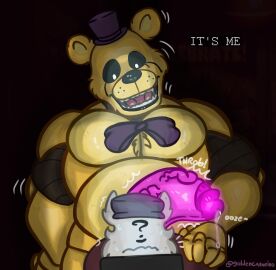 absurd_res animatronic anthro bear big_penis bodily_fluids duo five_nights_at_freddy's fredbear_(fnaf) genital_fluids genitals golden_carneiro golden_freddy_(fnaf) hi_res machine male male/male mammal office oozing penis precum robot scary scottgames security security_guard standing_behind throbbing twitching vein veiny_penis