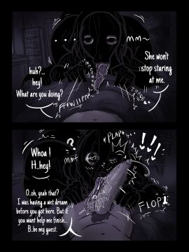 1boy 1girls artist_logo bedroom big_penis black_skin blurry_vision blush bulge bulge_through_clothing bulge_to_side butt_bump cock_hungry cock_worship comic comic_page creature creepy creepy_eyes dark-skinned_female dark_room demon demon_girl dialog dialogue digital_media_(artwork) drool first_person_view girthy_penis heart_eyes hi_res highres kojoarts larger_female laying_down laying_on_back laying_on_bed licking_balls licking_penis light-skinned_male long_hair long_tongue looking_at_viewer monster monster_girl naked night night_time nude onomatopoeia pajama_pants penis_slap penis_slapping_face pent_up perspective perspective_shot plap pov precum pubic_hair pulling_down_pants question_mark sleep_paralysis_demon sleep_paralysis_demon_(kojoarts) smaller_male text throbbing_penis twitch_lines underwear underwear_bulge voluptuous voluptuous_female wide_hips wink