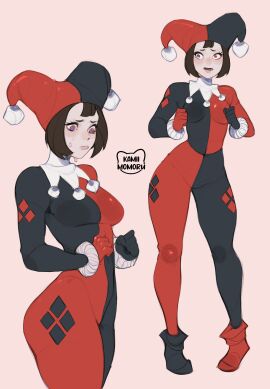 1girls 2d embarrassed female female_only glitch_productions harley_quinn_(cosplay) kamii_momoru light-skinned_female pomni_(the_amazing_digital_circus) solo_female tagme the_amazing_digital_circus trying_on_clothes