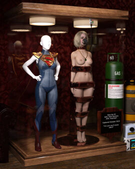 1girls 3d arms_at_sides asleep barefoot blonde_hair bound bound_arms bound_legs bound_neck breasts captured captured_heroine chloroform clothes_removed completely_naked completely_nude dc dc_comics defeated defeated_heroine display display_case english_text eyes_closed feet female forniphilia gas_mask helpless helpless_female human_furniture human_trophy immobile indoors injustice_2 kara_danvers kara_zor-el legs_together living_statue living_trophy mannequin midriff name_tag nipples nude nude_female oldmanjaay overhead_light permanent_bondage plaque pussy pussy_obscured sign solo_female stasis_chamber stationary_restraints stripped stripped_naked supergirl supergirl_(injustice) superman_(series) suspension suspension_bondage text unconscious