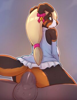 adaline_(theoneandonlyjosh) anal anal_grip anal_sex anthro ass balls ballsack blush bodily_fluids bottomless breasts canid canine canis clothed clothing countershade_butt cowgirl cowgirl_position domestic_dog duo faceless_character faceless_male female female_on_top female_penetrated genitals green_eyes hi_res humanoid_genitalia humanoid_penis looking_at_viewer looking_back looking_back_at_viewer male male/female male_on_bottom male_penetrating male_penetrating_female mammal medium_breasts on_bottom on_top penetration penile penile_penetration penis penis_in_ass saneaz sex simple_background upskirt_sex