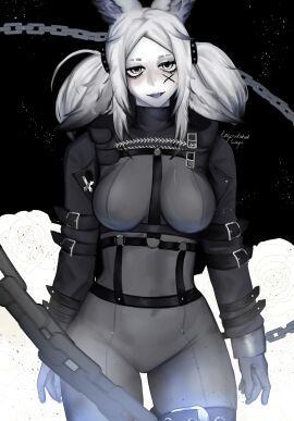 1girls animal_ears bodysuit breasts broken_chain chain chained cowboy_shot cuffs dya_rikku_(vtuber) face_markings facial_mark female forehead_mark fox_ears greyscale jacket large_breasts long_sleeves looking_at_viewer metal_collar monochrome skin_tight smile solo twintails virtual_youtuber vyugen weapon white_hair