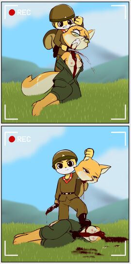 2_panel_comic 3_toes absurd_res anthro armor barefoot belt big_eyes black_nose blood_drip blood_from_mouth blood_in_mouth blood_on_breast blood_on_breasts blood_on_clothing blood_on_ground blood_on_hand blood_on_tail blood_on_weapon blood_pool blood_splatter blood_spray blue_sky blush bodily_fluids body_blush boots border bound breast_blush breasts brown_clothing camera canid canine clenched_teeth clothed clothed_male clothing cloud constricted_pupils corpse countershade_face countershade_fur countershade_tail countershade_torso countershading cruelty crying cutting dark day dead_eyes death defeated defeated_villainess detailed_background dog_tags dominant dominant_male dripping duo dying e254e execution exposed_breasts eyebrows eyeshadow eyewear feet female female_death fluffy fluffy_tail footwear forced_exposure fox fur geumsaegi glasses gore gore_focus grass green_clothing grey_border grimace hands_behind_back headgear helmet hi_res holding_ear holding_head holding_melee_weapon holding_object holding_weapon humiliation killing knife larger_female looking_at_viewer lt._fox_vixen makeup male male_dominating_female mammal melee_weapon military military_uniform mountain natural_breasts neck_wound nipples no_bra nosebleed on_model on_style open_top outside pain partially_clothed partially_clothed_female pink_nipples plant pupils recording rodent ryona scared sciurid sek_studio severed_body_part severed_head shoes size_difference sky slit_throat small_pupils smaller_male snout soldier squirrel squirrel_and_hedgehog standing_on_another submissive submissive_female suffering tail tears teeth thick_eyebrows toes tree_squirrel triumphant two-tone_tail uniform victory victory_pose video_camera villainess war_crime warrior weapon yellow_body yellow_fur