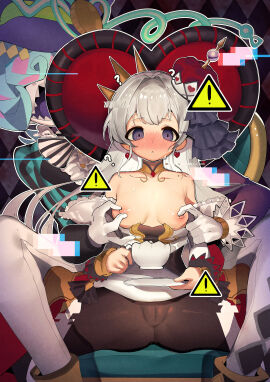 1boy absurdres blue_eyes blush breasts covered_pussy crown cup duel_monster error_message female grey_hair highres looking_at_viewer mad_hacker_(yu-gi-oh) male maliss_q_hearts_of_crypter nipple_stimulation nipple_tweak no_panties pantyhose pussy ro_g_(oowack) sitting small_breasts solo_focus spread_legs teacup thighhighs yu-gi-oh!