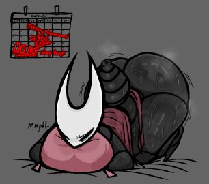 1girls anthro anus arthropod arthropod_abdomen arthropod_abdomen_anus arthropod_abdomen_genitalia arthropod_abdomen_pussy ass ass_up big_ass black_body bodily_fluids bottomless breasts calendar clothed clothing english_text female genital_fluids grey_background hollow_knight horn hornet_(hollow_knight) motion_lines musk musk_clouds nanodude78 narrowed_eyes pussy simple_background solo solo_female sound_effects sweat sweaty_ass sweaty_body team_cherry text thick_thighs topwear topwear_only white_face white_horn