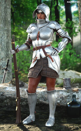 1girls 3d armor dark-skinned_female dark_skin female gun hazelfox non_nude original_character tagme