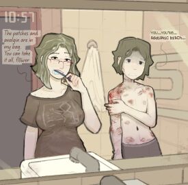 1boy 1girls after_sex age_difference big_breasts bite bite_mark bite_marks bite_marks_all_over breasts comic dialogue female glasses green_hair grey_hair incest indoors inside kepchuk lipstick_mark male mature_female milf mother mother_and_son nettle_root_(kepchuk) nipples parent raymond_root_(kepchuk) sadism sadistic_female self_upload son topless topless_male wound wounded