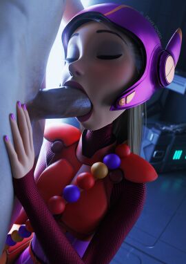 1boy 1girls 3d 3d_(artwork) big_hero_6 big_penis blender blowjob bodysuit clothed clothed_sex costume disney drakepowers female honey_lemon lipstick male marvel marvel_comics nail_polish nude nude_male oral partial_male penis pink_lipstick pink_nails purple_nail_polish suit watermark