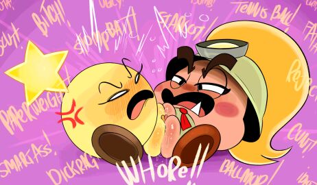 2girls angry angry_sex black_eyes blonde_hair blush blush_lines bodily_fluids brown_clothing brown_footwear brown_shoes clitoris clothing cravat cross-popping_vein crossover duo eyebrows fangs female female/female female_only footwear genital_fluids genitals goomba goombella hair hate_sex hi_res insult long_hair mario_(series) mario_and_luigi_(series) mario_bros multiple_females multiple_girls nintendo open_mouth ota_(artist) paper_mario paper_mario:_the_thousand-year_door plump_labia ponytail profanity puffy_pussy purple_background pussy sex shoes simple_background star star_sprite starlow tan_body tan_skin teeth thick_eyebrows tribadism vaginal_fluids vaginal_penetration waddling_head yellow_body yellow_skin yuri