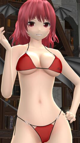 1girls 2023 3d belly_button bikini breasts clavicle cleavage demon demon_girl demon_wings female hand_on_hip hati_yukkuri_mmd hips indoors interior_background koakuma library light-skinned_female light_skin looking_at_viewer mmd one_arm_up red-haired_female red_bikini red_eyes short-haired_female smiling_at_viewer solo_female solo_focus succubus swimsuit touhou waist wings wings_on_head