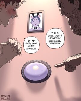 1girls 2boys artist_logo artist_name blush blush_lines blushing brothel chiyo_(fellatrix) dark-skinned_male dark_skin dated demon duo_focus english english_text erogenous_fupa facial_hair fat_mons fellatrix female fupa glory_wall group imminent_orgasm light-skinned_male light_skin male male_focus mio_(fellatrix) mistaken_identity oc original original_character picture_(object) pointing portrait_(object) purple_skin straight stuck stuck_in_wall succubus sweat sweatdrop sweaty ugly_bastard wall wall_(structure)