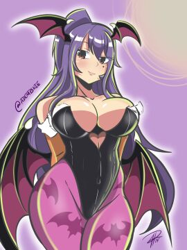 1girls adempskie animal_print arms_behind_back bare_shoulders bat_print big_breasts black_leotard blue-haired_female blue_hair breasts brown_eyes cleavage clothing_cutout collarbone cosplay darkstalkers edens_zero female female_only halloween head_wings heart_cutout highres homura_kogetsu huge_breasts large_breasts leotard long_hair looking_at_viewer mole mole_under_eye morrigan_aensland_(cosplay) pantyhose ponytail purple_hair purple_pantyhose solo wings