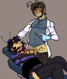 2boys bileshroom blood_in_mouth blood_on_face blood_splatter blood_stain chi_(purpleverse) coat doctor doctor_on_patient gay glasses gloves male medical medical_instrument orin_(purpleverse) pants_down penis penis_out precum precum_drip precum_on_penis precum_string purpleverse restrained ring_gag strapped_down yaoi