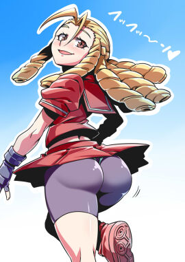 2d antenna_hair ass ass_jiggle bike_shorts blonde_hair breasts brown_eyes bubble_ass bubble_butt busty capcom drill_hair female female_focus female_only fingerless_gloves gradient_background hair_slicked_back hourglass_figure huge_ass jiggle karin_kanzuki leg_up long_hair looking_at_viewer panties_over_bike_shorts pleated_skirt school_uniform schoolgirl skirt skirt_lift skirt_up sneakers spats street_fighter street_fighter_alpha street_fighter_alpha_3 tagme thick_thighs thong tsuki_wani tsukiwani tukiwani upskirt wide_hips