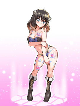 1girls arm_under_breasts bare_shoulders black_bra black_footwear black_hair black_panties bloodstained:_ritual_of_the_night blue_bra blue_eyes blue_panties blush boots bra breasts brown_hair chest_tattoo collar cougar1404 female female_only full_body horns leg_tattoo looking_at_viewer medium_breasts medium_hair miriam_(bloodstained) multicolored_hair navel panties pink_background solo streaked_hair tattoo underwear white_background