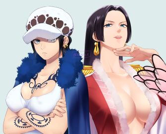 2girls big_breasts black-haired_female black_hair blue_eyes boa_hancock breasts canon_genderswap chest_tattoo cleavage crossed_arms earrings epaulettes female female_only frown fur_trim genderswap genderswap_(mtf) hat headwear hime_cut jewelry lipstick long_hair nipple_bulge no_bra one_piece rule_63 shaded_face shinto_s short_hair tank_top tattoo tattooed_arm tattoos trafalgar_law trafalgar_law_(female) upper_body