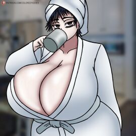 1girls 2d 2d_(artwork) artist_name bathrobe big_breasts big_hips breasts breasts_bigger_than_head breasts_bigger_than_torso cleavage clothed clothed_female coffee_mug coloredyiddies commission cup drinking enormous_breasts eye_bags female female_only gigantic_breasts hi_res high_resolution highres hips huge_breasts huge_hips hyper hyper_breasts large_breasts large_hips lei_(coloredyiddies) looking_at_viewer massive_breasts no_bra original original_character patreon_url patreon_username solo solo_female tagme tired tired_eyes twitter_link upper_body wide_hips