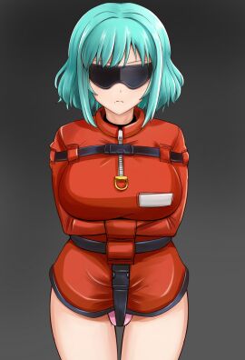aqua_hair bad_id bad_pixiv_id belt blindfold bondage bound breasts commentary_request female frown grey_background highres large_breasts original panties photoshop_(medium) pink_panties rebake rebake-1453 short_hair straitjacket underwear zipper