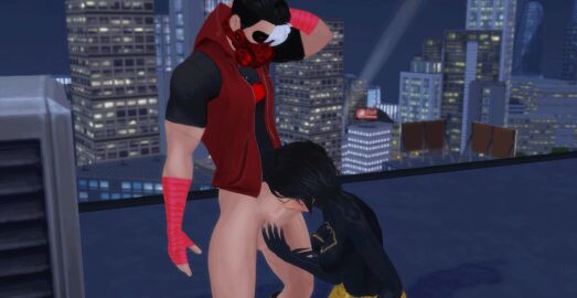 1boy 1girls 3d animated balls batgirl batgirl_(cassandra_cain) batman_(series) blowjob cassandra_cain dc dc_comics fellatio female fondling_balls jason_todd male oral pof3445 red_hood_(dc) the_sims the_sims_4