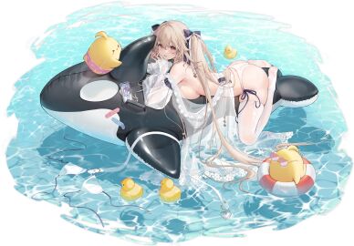anchorage_(azur_lane) anchorage_(dolphins_and_swim_lessons)_(azur_lane) ass azur_lane bare_shoulders bikini bird blush bow breast_press breasts cellphone cg feet female full_body hair_ribbon heart inflatable_toy innertube large_breasts light_brown_hair long_hair looking_at_viewer manjuu_(azur_lane) no_shoes official_alternate_costume official_art phone red_eyes see-through see-through_sleeves side-tie_bikini side-tie_bikini_bottom side-tie_panties sideboob smartphone soles solo swim_ring swimsuit thighhighs thighs toes twintails untied_bikini very_long_hair water white_bikini white_thighhighs
