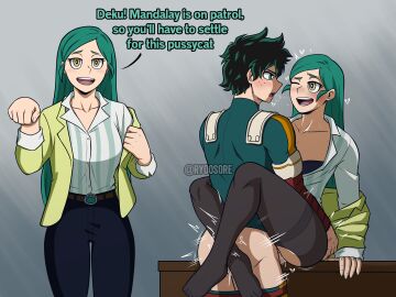 1boy 1girls age_difference aged_up before_and_after cat_girl catgirl clothed_sex dialogue female flirting flirting_with_viewer green-haired_female green-haired_male green_eyes green_hair hair_down hero_outfit_(mha) izuku_midoriya leg_lock legs_around_partner legs_around_waist male midoriya_izuku my_hero_academia office_clothing office_lady older_female older_female_and_younger_male on_desk pantyhose pussy ragdoll_(my_hero_academia) ryoosore seducing seducing_viewer seductive sex sex_on_table shiretoko_tomoko shounen_jump straight straight_sex thighband_pantyhose thrust_lines thrusting thrusting_hard tomoko_shiretoko torn_pantyhose vaginal_penetration vaginal_sex yellow_eyes younger_male younger_penetrating_older