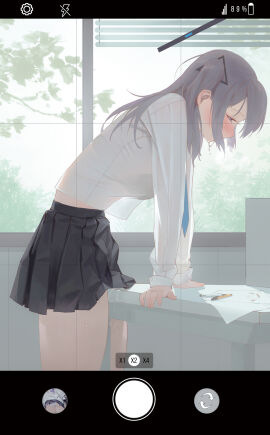 absurdres battery_indicator black_halo black_skirt blue_archive blue_eyes blue_hair blue_necktie blush bra_visible_through_clothes commentary corner_masturbation crotch_rub desk drooling fake_screenshot female female_masturbation from_side halo highres masturbation midfinger midriff_peek miniskirt necktie nose_blush paper pleated_skirt public public_indecency pussy pussy_juice pussy_juice_stain saliva saliva_trail school_desk see-through_silhouette shirt skirt solo table_humping thighs triangle_hair_ornament two_side_up viewfinder white_shirt yuuka_(blue_archive)