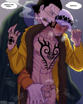 2boys abs black_hair blush chest_tattoo cigar english_text erection fur_hat gay hand_tattoo hat male male_focus male_only moaning multiple_boys multiple_males navel nipple_piercing nipples one_piece one_piece_film_stampede open_mouth penis piercing precum sir_crocodile smoking speech_bubble starmiu tattoo text thigh_sex trafalgar_law trembling yaoi