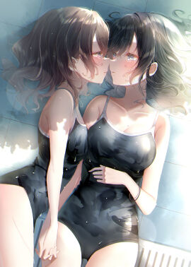 2girls black_hair black_one-piece_swimsuit black_swimsuit blue_eyes bracelet breasts brown_hair competition_school_swimsuit competition_swimsuit drain female holding_hands imminent_kiss large_breasts long_hair lying_on_floor medium_hair one-piece_swimsuit original school_swimsuit swimsuit tile_floor touki_matsuri yuri