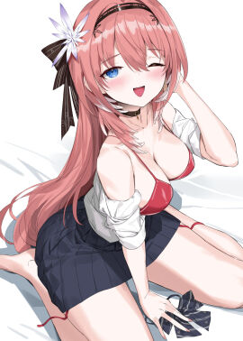 barefoot bikini bikini_top_only bikini_under_clothes black_hair_ribbon black_ribbon black_skirt blue-eyed_female blue_eyes blue_skirt blush bra breasts chest choker cleavage collarbone crystal_shoujo earrings feet female female_focus female_only hair_ornament hair_ribbon highres hololive hololive_japan holox legs long_hair long_sleeves medium_breasts miniskirt one_eye_closed open_clothes open_shirt pink-haired_female pink_hair pleated_skirt red_bikini red_bra ribbon school_uniform shirt shoulders simple_background sitting sitting_on_bed skirt smile soles solo swimsuit takane_lui thick_thighs thighs virtual_youtuber wariza white_background white_shirt