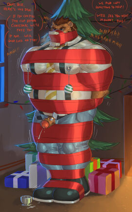2024 anthro bara bear bodily_fluids bondage bottomwear bound christmas christmas_decorations christmas_tree clothed clothing container cum cum_on_ground cumshot cup dialogue digital_media_(artwork) duct_tape duct_tape_gag egg_vibrator ejaculation fireplace footwear foster-tony gag gagged gay genital_fluids genitals gift hi_res holidays leixiong_(sergeanvolibear) male mammal muffled musclegut muscular muscular_anthro muscular_male nipple_clamp nipple_outline open_bottomwear open_clothing open_pants pants penile penis penis_popsicle plant restrained sex_toy socks solo struggling suspenders tape tight_bottomwear tight_clothing tight_topwear topwear tree uniform ursine vibrator vibrator_on_penis window yaoi