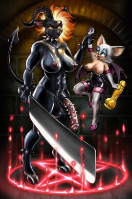 anthro balls bat big_balls big_breasts big_penis bodysuit bovid breasts breasts_out caprine caprine_demon cleaver clothing demon dildo dpc duo female fire flaming_hair futa_on_female futanari genital_piercing genitals goat_demon grabbing_arm herm hi_res horsecock imminent_rape imminent_sex intersex intersex/female latex latex_bodysuit latex_clothing latex_skinsuit magic_circle mammal nipple_piercing nipples occult_symbol penis pentagram picking_up piercing pseudo_hair rouge_the_bat sex_toy skinsuit smug_face sonic_(series) sonic_the_hedgehog_(series) spiked_collar spiked_penis summoning_circle symbol the tight_clothing