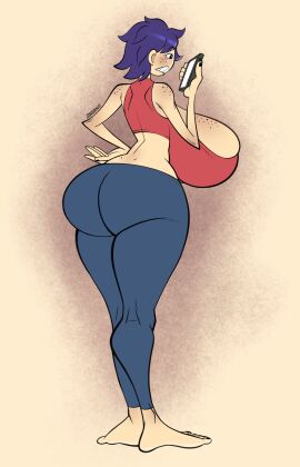 1girls 2024 2d_(artwork) armpit_crease ass breasts busty busty_female comfysaur dark_blue_hair dimples_of_venus female female_only freckles_on_breasts freckles_on_face freckles_on_shoulders huge_ass huge_breasts human_female human_only killary_(mangneto) looking_at_phone noseless original_character pants sleeveless_shirt teeth