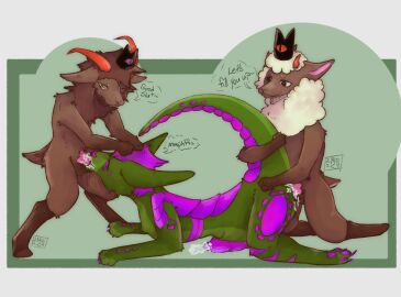 anthro balls belly big_belly bodily_fluids cult_of_the_lamb cum cum_inside digital_media_(artwork) erection fur genital_fluids genitals goat_(cult_of_the_lamb) group group_sex inflation inflation_fetish lamb_(cult_of_the_lamb) macropod male male/male male_penetrated male_penetrating male_penetrating_male mammal mangocat50 marsupial massive_monster_(studio) nude penetration penis sex simple_background tail threesome trio wool_(fur)