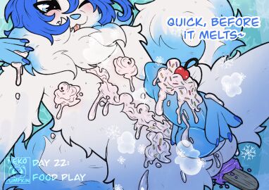 absurd_res anthro canid canine dessert dialogue food food_fetish food_insertion food_on_belly food_on_chest food_on_penis food_play genitals hi_res ice ice_cream improvised_sex_toy male mammal nekopumpkin penis popsicle popsicle_in_ass solo sprinkles tongue tongue_out