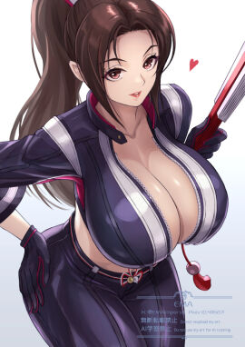 1girls 2d alternate_breast_size asian asian_female big_breasts breasts brown_hair cleavage collarbone digital_media ema_(emaura) fatal_fury fatal_fury:_city_of_the_wolves female female_only heart huge_breasts japanese_female king_of_fighters large_breasts long_hair looking_at_viewer mai_shiranui mai_shiranui_(city_of_the_wolves) oppai ponytail snk solo street_fighter voluptuous voluptuous_female