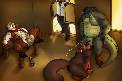 3:2 after_sex alligator alligatorid anthro ass balls balls_lick bandits belly bodily_fluids boots bound canid canine canis caught caught_masturbating caught_while_cumming chaps clothed clothing cowboy_boots cowboy_hat criminal crocodilian crouching cum cum_drip cum_from_ass cum_in_ass cum_inside cum_on_back cum_on_belly cum_on_body cum_on_face cum_on_ground cum_on_penis cum_on_table domestic_dog domination/submission dripping ejaculation erection feet_bound feet_tied footwear foreskin fully_clothed furniture genital_fluids genitals gloves hand_on_penis hands_tied handwear hat headgear headwear hidden_eyes humiliation inside isaac_(zerostar) kerchief licking male male/male mammal markwulfgar mask masturbation neckerchief nude on_table open_clothing open_mouth open_topwear open_vest oral penis reptile retracted_foreskin saloon_doors scalie sex sheriff sheriff_badge shoes slightly_chubby slightly_chubby_male smile smirk spread_arms spread_legs spreading spurs submissive submissive_male table tongue tongue_out topwear trigger_(wordcaster) uncircumcised vest walk-in