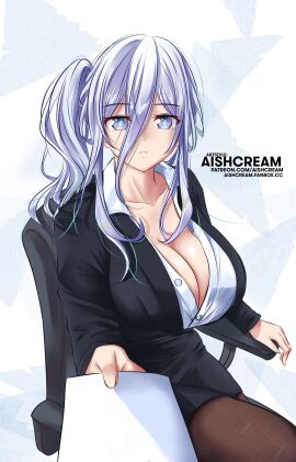 2d 2d_(artwork) aishcream big_breasts blue_eyes breasts chair cleavage date_a_live female female_only grey_hair light-skinned_female light_skin looking_at_viewer milf murasame_reine pantyhose paper secretary secretary_outfit sitting solo solo_female thighs uniform
