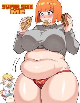 2girls alternate_body_type belly belly_wobble big_breasts blonde-haired_female blonde_female blonde_hair blush bottom_heavy bottomwear breasts breasts_bigger_than_head burger chubby chubby_female clothed clothed_female elf-san_wa_yaserarenai elfuda fat fat_female female female_focus female_only food french_fries fries front_view ginger ginger_female ginger_hair heart_on_panties hot_dog huge_breasts jiggling_belly light-skinned_female light_skin looking_down looking_down_at_self mcdonald's mom_(japanese_mcdonald's_commercial) multiple_females multiple_girls navel orange-haired_female orange_hair red_thong shiny_skin slightly_chubby slightly_chubby_female solo_focus super_size_me thick_thighs thong topwear weight_gain wide_hips wobbling_belly yoru_mac ytrall
