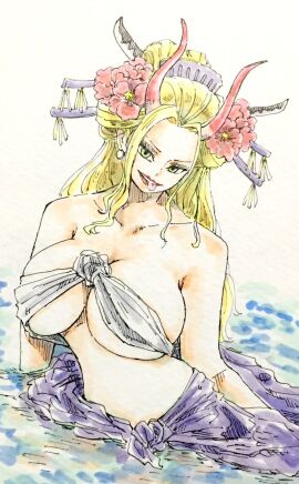 beast_pirates big_breasts black_maria blonde-haired_female blonde_hair breasts female female_only geisha green_eyes horns huge_breasts large_breasts nihongami oiran one_piece puipui tongue tongue_out wano_country