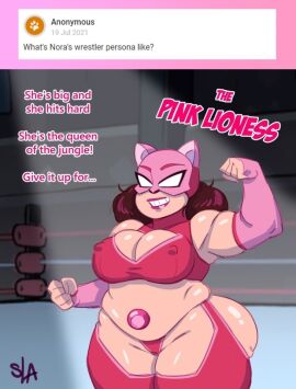 1girls armsleeves ask_blog ass big_ass bubble_ass bubble_butt chubby chubby_female clothed clothed_female clothing curly_hair dark_hair dialogue female gem_hybrid human light-skinned_female light_skin maroon_hair mask masked masked_female nipple_bulge nora_quartz_universe pale_skin pink_outfit puffy_hair rule_63 samson_00 shiny_skin sportswear steven_quartz_universe steven_universe thick thick_thighs thong wrestler wrestler_costume