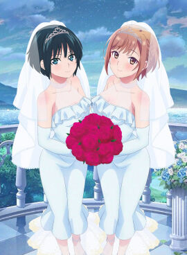 2girls blue_eyes blush boquet botan_nagatsuki bride brown_eyes brown_hair clothed clothing crossover dress female female_focus female_only flower highres jinguuji_rumi koi_wa_futago_de_warikirenai light-skinned_female light_skin male malevolent_spirits:_mononogatari mononogatari roses solo solo_female standing tiara veil wedding_dress wedding_veil