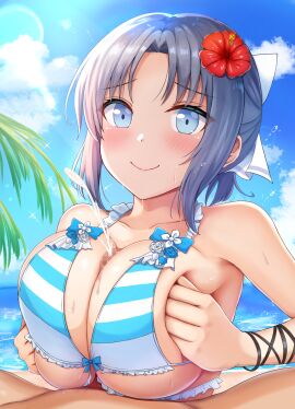 1boy 1girls beach bikini blue_eyes blue_sky blush breasts censored cloud collarbone cum day dolphin_wave ejaculation erection female flower grey_hair hair_flower hair_ornament hair_ribbon hibiscus highres horizon large_breasts light-skinned_female light-skinned_male light_skin looking_at_viewer male mosaic_censoring ocean outdoors paizuri palm_tree projectile_cum red_flower ribbon ritz10_(benben) senran_kagura senran_kagura_estival_versus senran_kagura_shinovi_versus sidelocks sky smile striped_bikini striped_clothes swimsuit tree white_bikini yumi_(senran_kagura)
