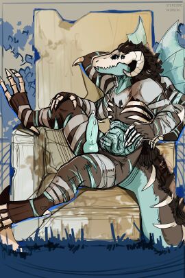 4_eyes absurd_res anthro bandage bone chair curled_horn dragon fur furniture furred_dragon furred_scalie genitals green_penis hi_res horn insect_wings knot knotted_penis lich mane multi_arm multi_eye multi_limb mythological_creature mythological_scalie mythology ohyzoroz organs penis presenting presenting_penis ribs scalie skull skull_head solo stercore_murum throne undead wings