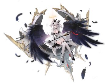 azur_lane belt black_background black_feathers black_footwear black_gloves black_wings boots breasts cg cleavage crown dress feathered_wings feathers female full_body gloves grey_hair hair_between_eyes halo high_heels holding holding_sword holding_weapon joffre_(azur_lane) large_breasts long_hair long_sleeves looking_at_viewer multi_wing official_art puffy_sleeves red_eyes simple_background solo sword thighhighs twintails weapon white_dress white_hair white_thighhighs wide_sleeves wings