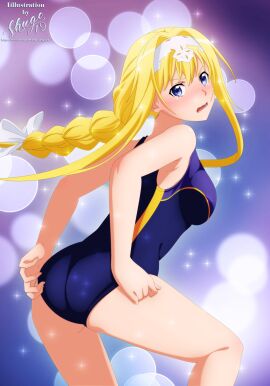 1girls 2d 2d_(artwork) 2d_artwork alice_zuberg ass ass_cleavage ass_crack bare_arms bare_calves bare_hands bare_knees bare_legs bare_shoulders bare_skin bare_soles bare_thighs bare_toes barefoot big_breasts bikini blonde-haired_female blonde_eyebrows blonde_female blonde_hair blonde_hair_female blue_bikini blue_one-piece_swimsuit blue_swimsuit blue_swimwear blush blush_face blushing_at_viewer blushing_female braid braided_hair braided_ponytail braids breasts busty busty_female busty_girl collarbone digital digital_art digital_drawing digital_drawing_(artwork) digital_media digital_media_(artwork) elbows embarrassed embarrassed_expression embarrassed_female exposed_arms exposed_legs exposed_shoulders exposed_skin exposed_thighs exposed_toes female female_focus female_only fingers flustered flustered_female frown frown_eyebrows frowning frowning_at_viewer gluteal_fold hair_between_eyes hair_intakes hair_ribbon hair_tie hairband head_tilt high_resolution highres inframammary_fold large_boobs large_breasts lean_figure long_hair looking_at_viewer narrow_waist one-piece_swimsuit open_mouth parted_lips plump_breasts ponytail purple-eyed_female purple_background purple_eyes ribbon shoulders shugo19 sideboob simple_background single_braid slender_body slender_waist slim_waist solo standing swimsuit swimwear sword_art_online thick_ass thick_butt thick_thighs thighs tilted_head tongue upper_body white_hair_ribbon white_hair_tie white_ribbon wide_hips yellow-haired_female yellow_eyebrows yellow_hair