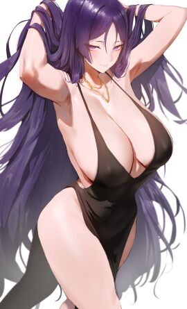 1girls 2024 2d 2d_(artwork) alternate_breast_size arms_up black_dress blush breasts breasts_out center_opening choker cleavage closed_mouth cocktail_dress covered_nipples digital_media_(artwork) dress fate/grand_order fate_(series) female female_focus female_only hair_ornament hand_in_hair highres japanese_female jewelry large_breasts larger_female light-skinned_female light_skin long_hair looking_at_viewer mature_female milf minamoto_no_raikou_(fate/grand_order) mommy mother necklace older_female outfit purple_eyes revealing_clothes rororo seductive_look seductive_pose simple_background smile sole_female solo solo_female thighs very_long_hair voluptuous_female