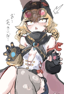 1boy 1girls blonde_hair blush dang0r0moti female genshin_impact hoyoverse imminent_sex jahoda_(genshin_impact) male mihoyo penis_awe penis_shadow surprised twintails