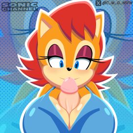 accurate_art_style big_breasts big_dick big_penis blue_background blue_eyes blush breasts c_m_g_nsfw female fur furry furry_female male mobian mobian_(species) orange_body penis pov red_hair sally_acorn sega smile sonic_(series) sonic_channel sonic_the_hedgehog_(series) titjob